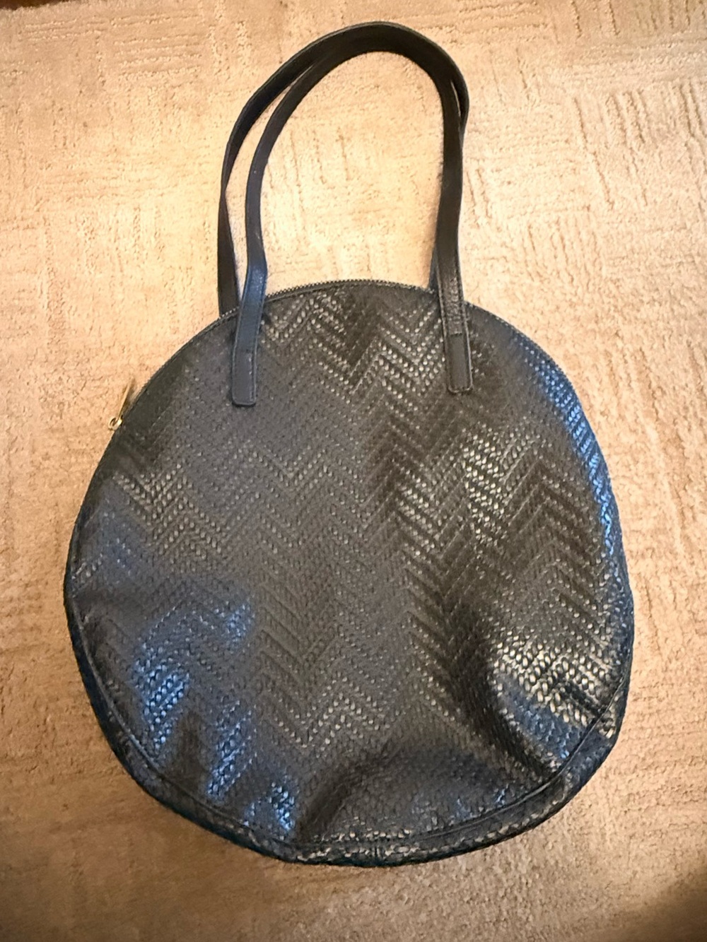 Black Leather Round Bag - Women's Shoulder Handbag